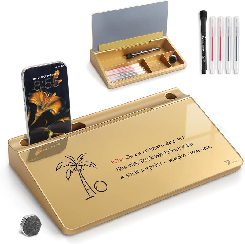 TOWON Small Compact Glass Desktop Whiteboard with Storage – 12 x 7 in Dry Erase Board for Desk, Home Office, School | Includes 5 Markers, Eraser & Holder | Space-Saving Organizer, Metallic Gold - Image 1